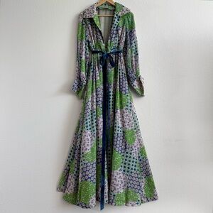 Floral Green Maxi Dress with Blue Accents 1970's vintage inspired